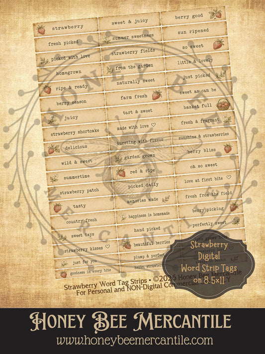 Digital Strawberry Word Strip Tags, Vintage Primitive Farmhouse Digital Download Printable Sublimation Decoupage