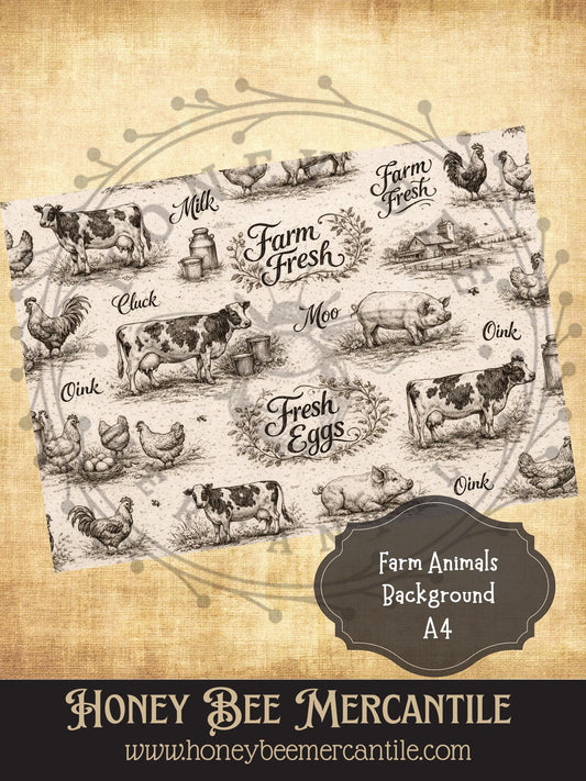 Farm Animals Background, Instant Download, Florals, Vintage, Printable, Decoupauge, A-4 size