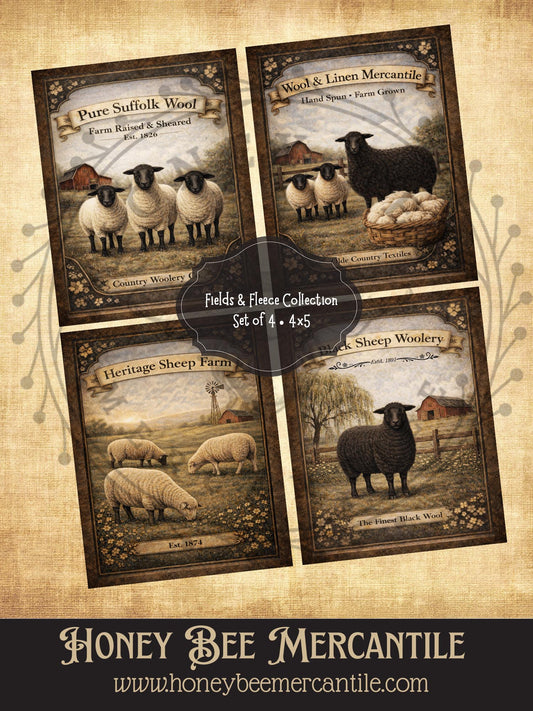 Fields and Fleece Collection, Set of 4, Digital Download, Printable, Decoupage, Vintage, Primitive, Craft, 4x5 size