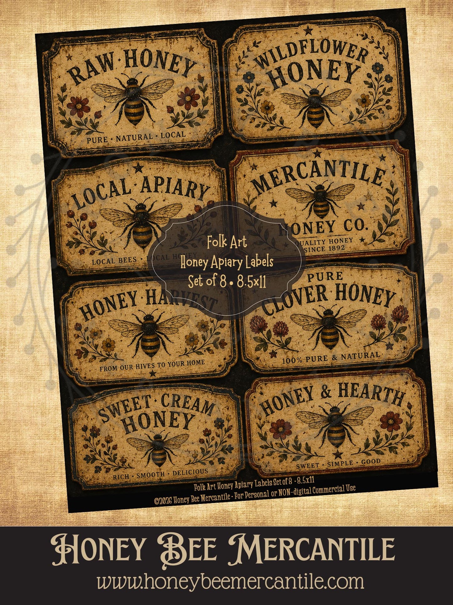 Folk Art Honey Apiary Labels, Set of 8, Digital Download, Printable, Decoupage, Vintage, Primitive, Craft Supplies