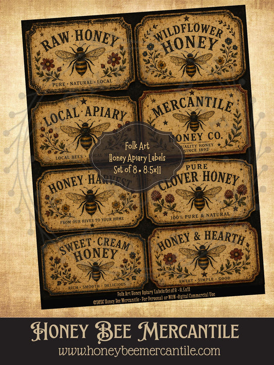 Folk Art Honey Apiary Labels, Set of 8, Digital Download, Printable, Decoupage, Vintage, Primitive, Craft Supplies