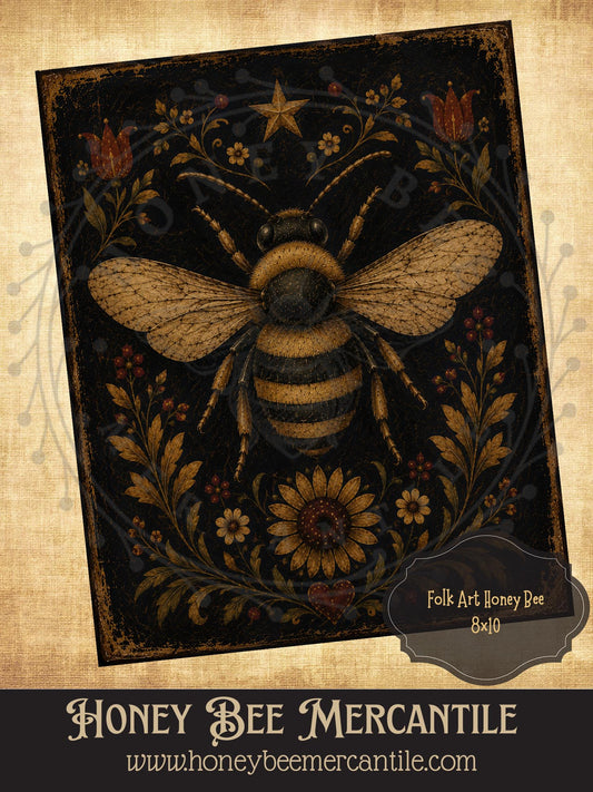 Folk Art Honey Bee, 8x10, Digital Download, Printable, Decoupage, Vintage, Primitive, Craft Supplies