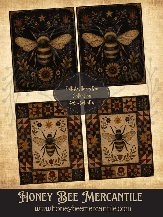 Folk Art Honey Bee Collection, Set of 4, 4x5 inch Digital Download, Printable, Decoupage, Vintage, Primitive, Craft Supplies