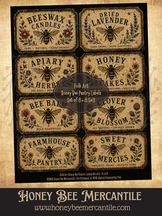 Folk Art Honey Bee Collection, Pantry Labels, Set of 8, Digital Download, Printable, Decoupage, Vintage, Primitive, Craft Supplies