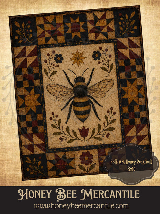 Folk Art Honey Bee Quilt, 8x10, Digital Download, Printable, Decoupage, Vintage, Primitive, Craft Supplies