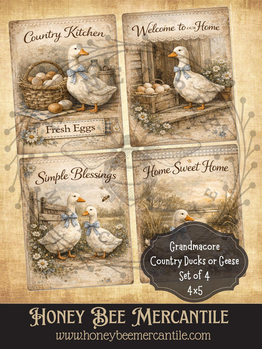 Grandma Core Country Ducks or Geese, Set of 4 prints - 4x5 in size, Instant Download, Florals, Vintage, Printable, Decoupauge