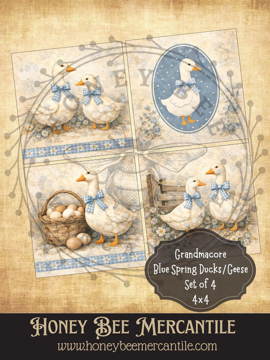 Grandma Core 80's Country Ducks or Geese, Set of 4 prints - 4x4 in size, Instant Download, Florals, Vintage, Printable, Decoupauge