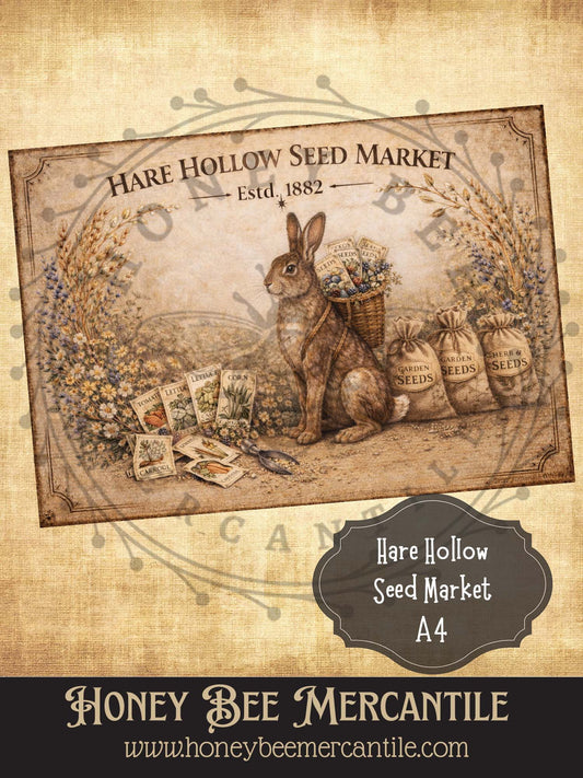 Hare Hollow Seed Market, Bunny with Seeds, Instant Download, Florals, Vintage, Printable, Decoupauge, A-4 size