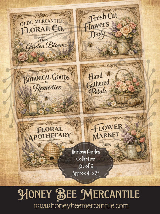 Heirloom Garden Collection Labels, Set of 6 prints - 4x3 size, Instant Download, Florals, Vintage, Printable, Decoupauge