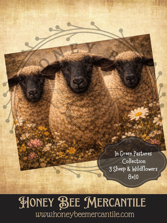 In Green Pastures Collection - 3 Sheep and Wildflowers, Digital Download, Printable, Decoupage, Primitive, Rustic, 8x10, Print 3