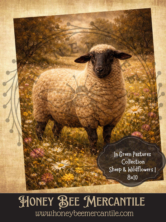 In Green Pastures Collection - Sheep and Wildflowers, Digital Download, Printable, Decoupage, Primitive, Rustic, 8x10, Print 1