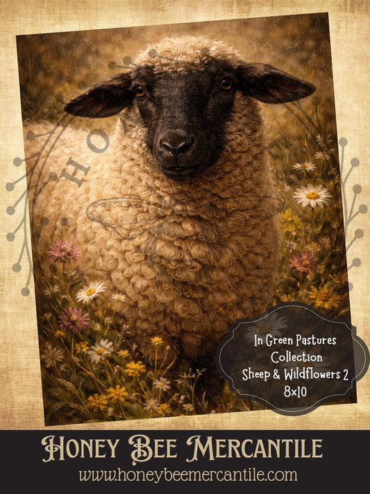 In Green Pastures Collection - Sheep and Wildflowers, Digital Download, Printable, Decoupage, Primitive, Rustic, 8x10, Print 2