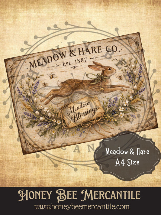 Meadow and Hare, Bunny in Florals, Field, Instant Download, Florals, Vintage, Printable, Decoupauge, A-4 size