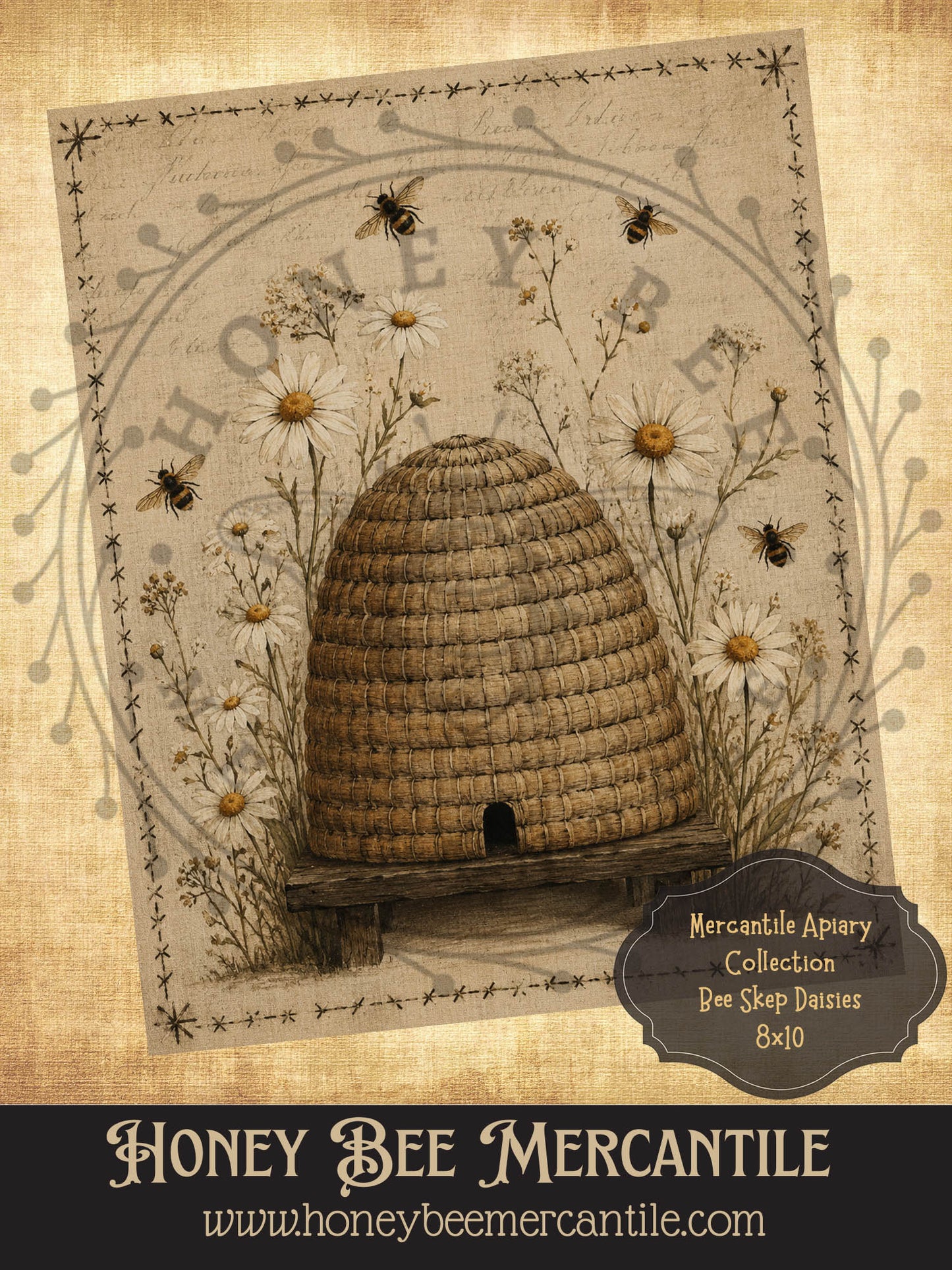 Mercantile Apiary Collection, Bee Skep, Daisies, 8x10, Digital Download, Printable, Decoupage, Vintage, Primitive, Craft Supplies
