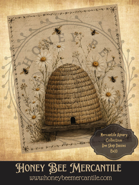 Mercantile Apiary Collection, Bee Skep, Daisies, 8x10, Digital Download, Printable, Decoupage, Vintage, Primitive, Craft Supplies