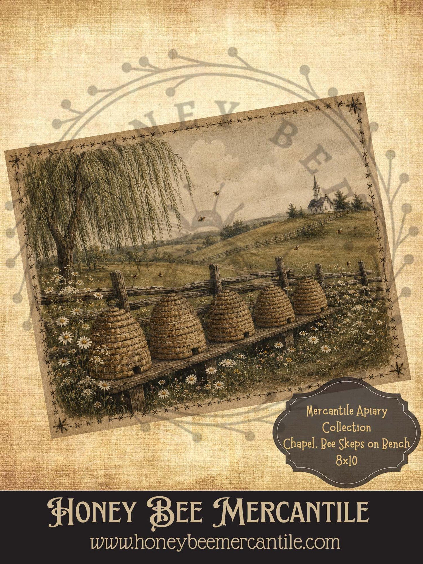 Mercantile Apiary Collection, Bee Skeps on Bench, Chapel, 8x10, Digital Download, Printable, Decoupage, Vintage, Primitive, Craft Supplies