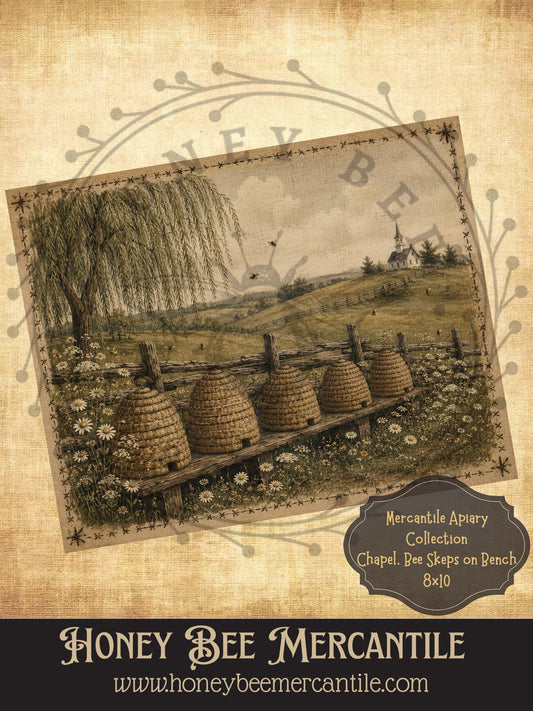 Mercantile Apiary Collection, Bee Skeps on Bench, Chapel, 8x10, Digital Download, Printable, Decoupage, Vintage, Primitive, Craft Supplies