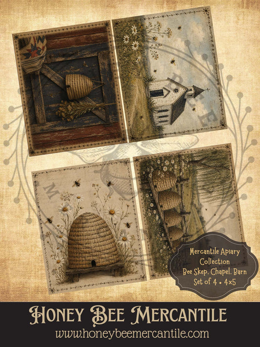 Mercantile Apiary Collection, Bees, Barn Set of 4, 4x5 Inch, Digital Download, Printable, Decoupage, Vintage, Primitive, Craft Supplies