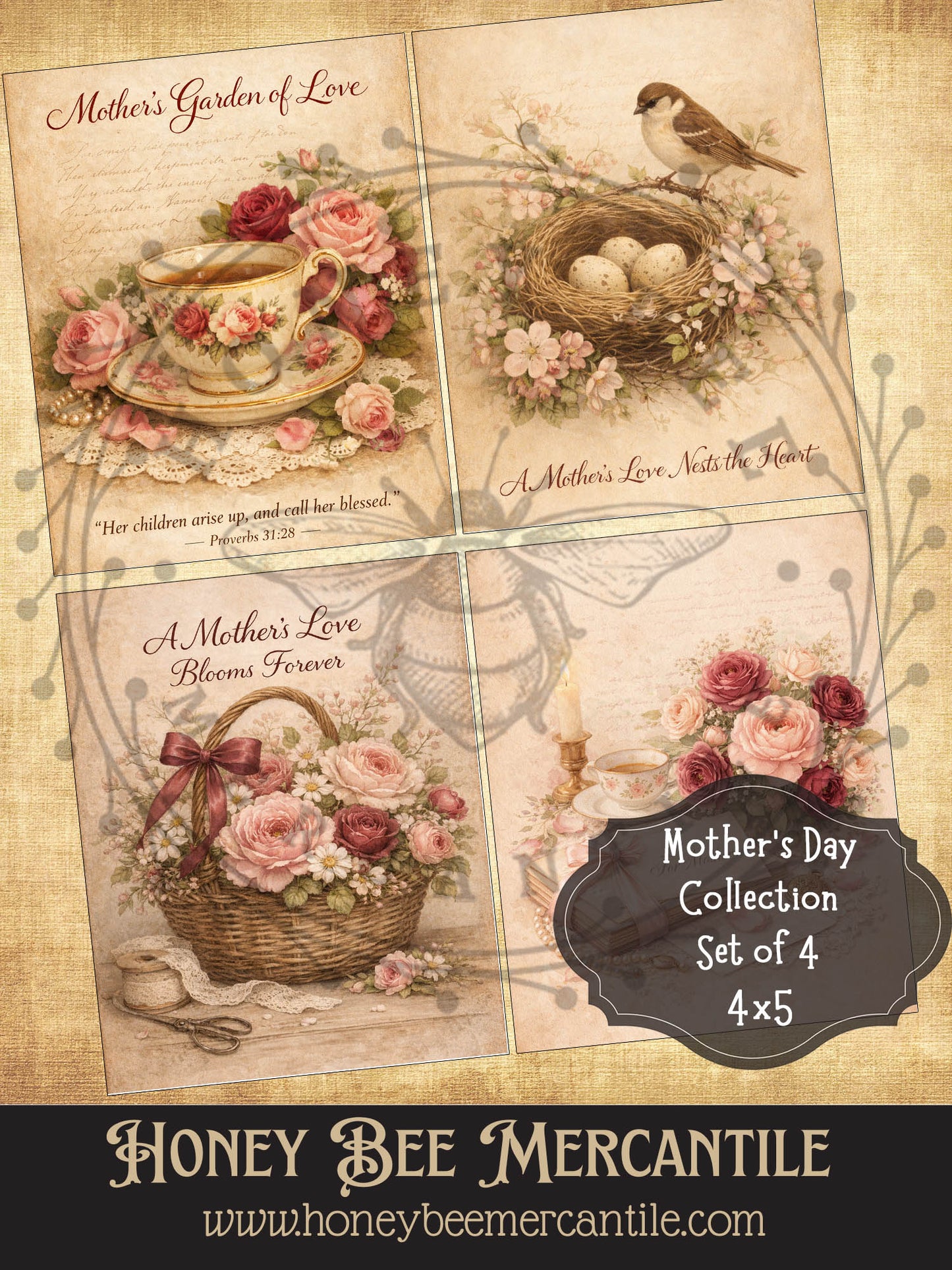 Mother's Day Collection, Florals, Baskets, Nest, Teacup, Instant Download, Set of 4, Printable, Decoupage, Vintage, Primitive, Craft Supplies, 4x5 inch