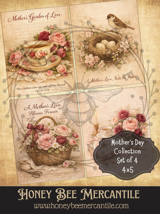 Mother's Day Collection, Florals, Baskets, Nest, Teacup, Instant Download, Set of 4, Printable, Decoupage, Vintage, Primitive, Craft Supplies, 4x5 inch