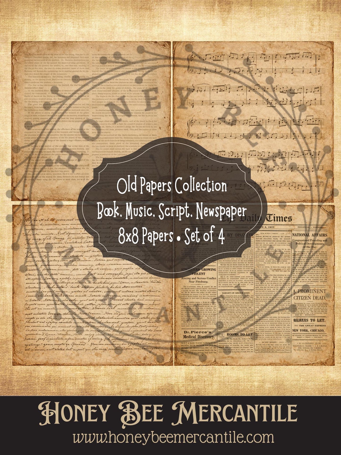 Old Papers Collection, Book, Music, Script, Newspaper, Digital Download, Printable,  Decoupage, Vintage, 8x8, JPEG, Set of 4 Papers