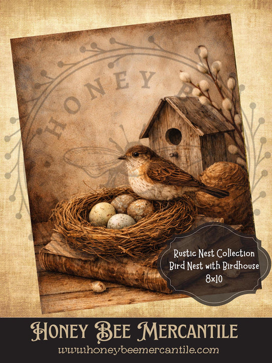 Rustic Nest Collection, Bird in Nest Birdhouse, 8x10, Digital Download, Printable, Decoupage, Vintage, Primitive, Craft