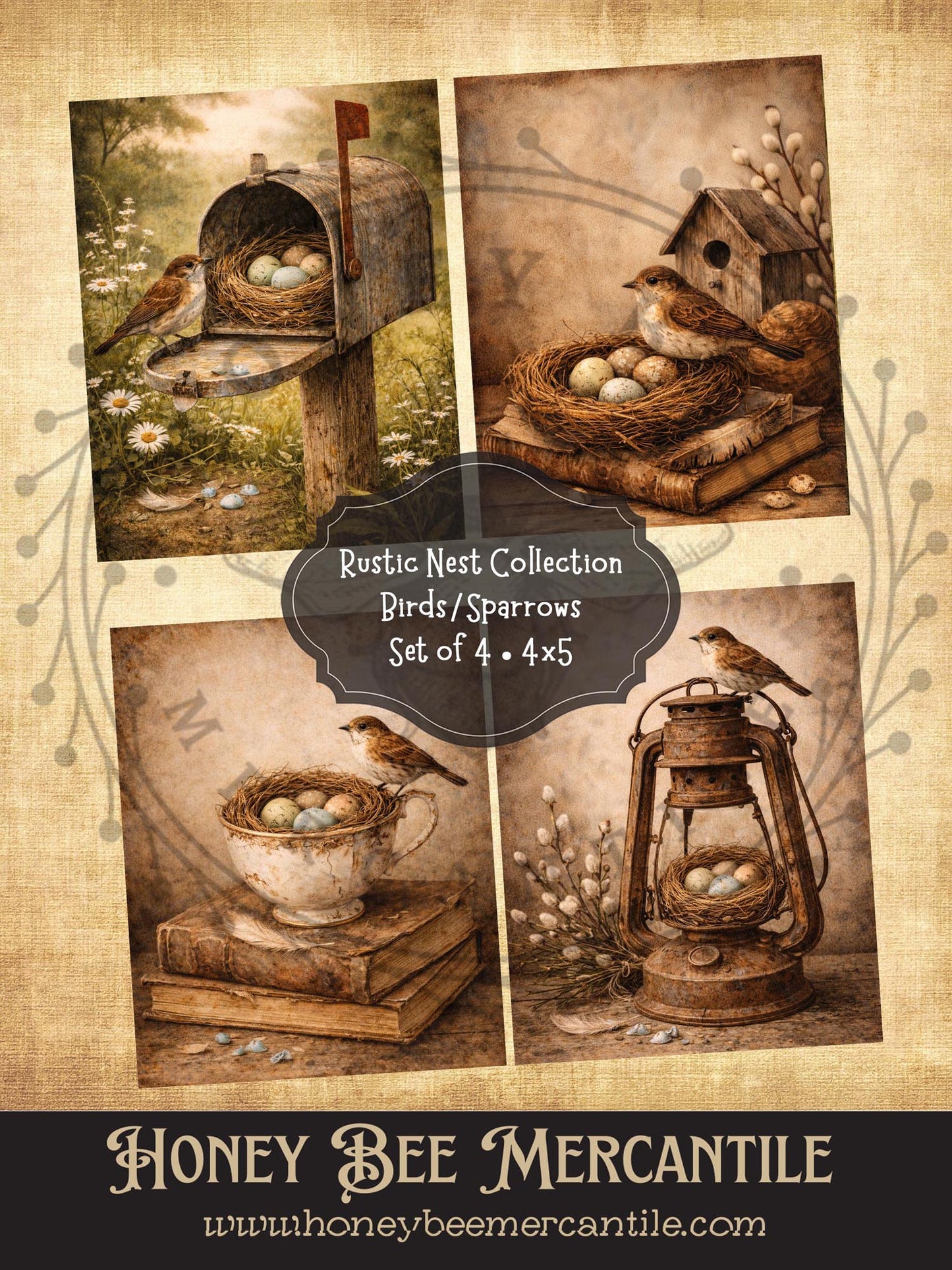 Rustic Nest Collection, Birds/Sparrows, Instant Download, Set of 4, Printable, Decoupage, Vintage, Primitive, Craft Supplies, 4x5 inch