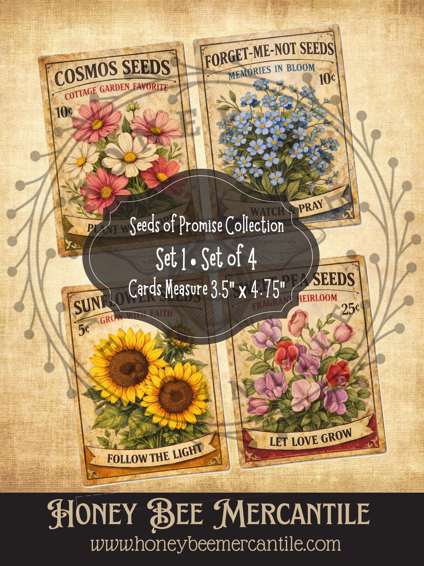 Vintage Spring Seeds of Promise Collection - 4 prints - 3.5x4.75 in size, Rustic Spring Flower Seed Packet Designs, Instant Download, Set 1