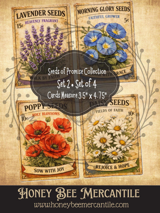 RICE PAPER PRINT Vintage Spring Seeds of Promise Collection - 4 prints - 3.5x4.75 in size, Rustic Spring Flower Seed Packet Designs, Set 2