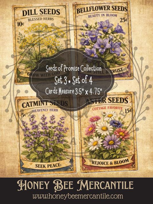 RICE PAPER PRINT Vintage Spring Seeds of Promise Collection - 4 prints - 3.5x4.75 in size, Rustic Spring Flower Seed Packet Designs,Set 3