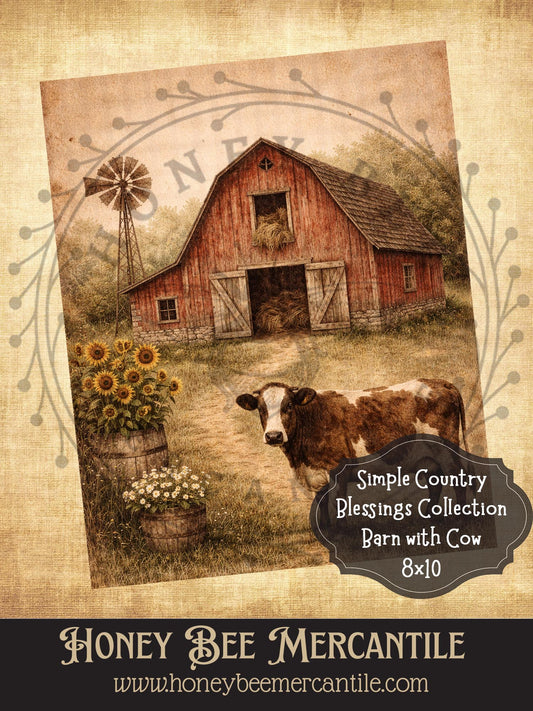 Simple Country Blessings Collection, Barn and Cow, Instant Download, 8x10, Printable, Decoupage, Vintage, Primitive, Craft Supplies