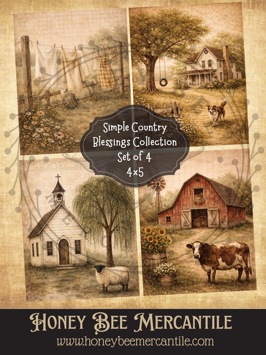 Simple Country Blessings Collection, Barn, Church, Clothesline, Instant Download, Set of 4, Printable, Decoupage, Vintage, Primitive, Craft Supplies, 4x5 inch