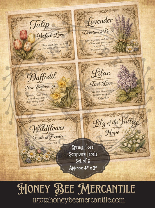 Spring Floral Scriptures Labels, Set of 6 prints - 4x3 size, Instant Download, Florals, Vintage, Printable, Decoupauge
