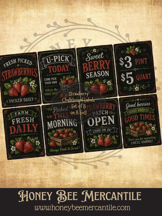 Strawberry Chalkboard Labels, Set of 8, Vintage Primitive Farmhouse Digital Download Printable Sublimation Decoupage