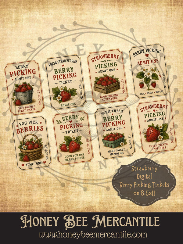 Strawberry Berry Picking Tickets - Set of 8, Vintage Primitive Farmhou ...