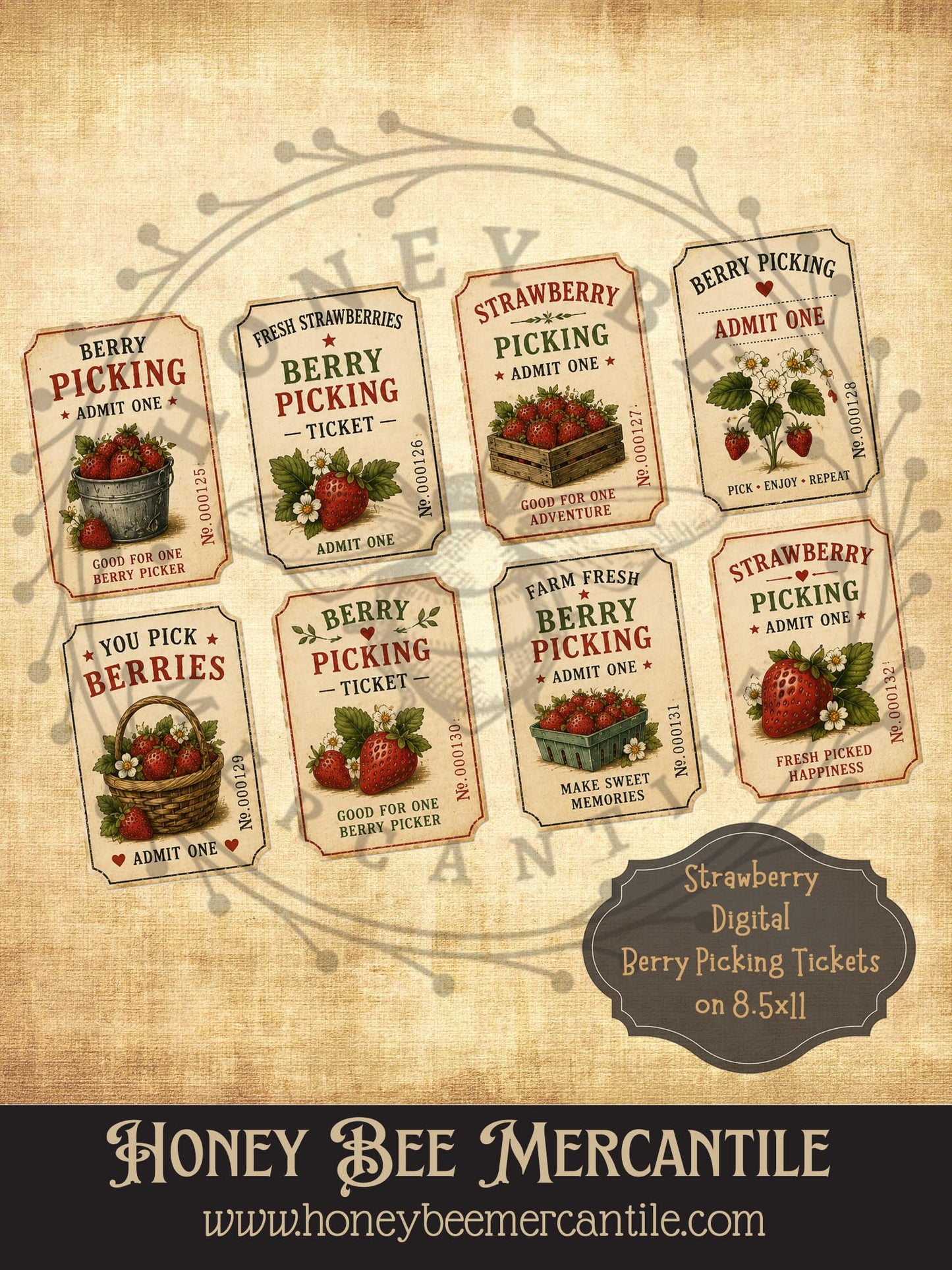 Strawberry Berry Picking Tickets - Set of 8, Vintage Primitive Farmhouse Digital Download Printable Sublimation Decoupage