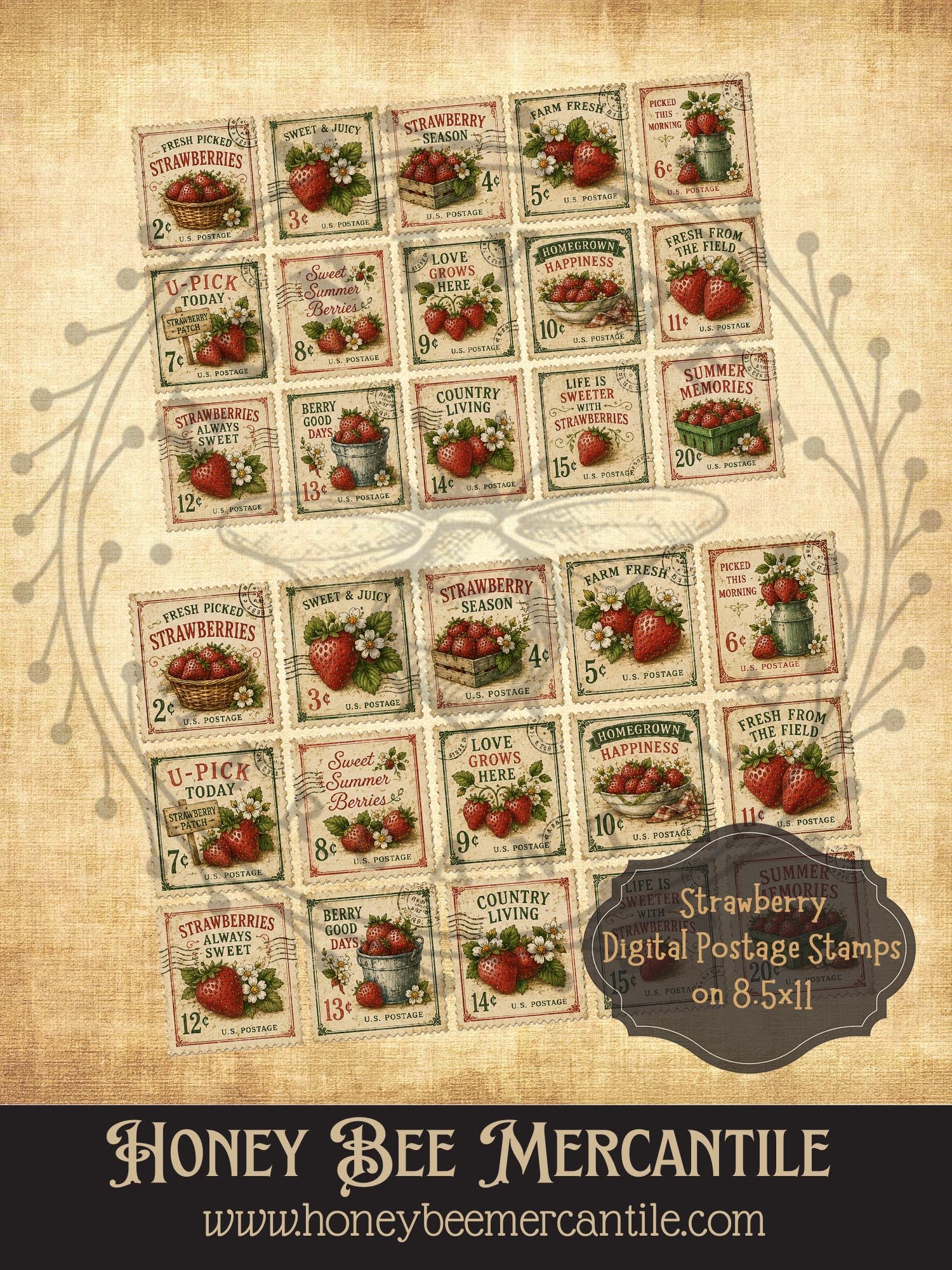 Strawberry Postage Stamps, Vintage Primitive Farmhouse Digital Downloa ...