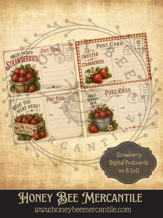 Strawberry Postcards - Set of 4, Vintage Primitive Farmhouse Digital Download Printable Sublimation Decoupage