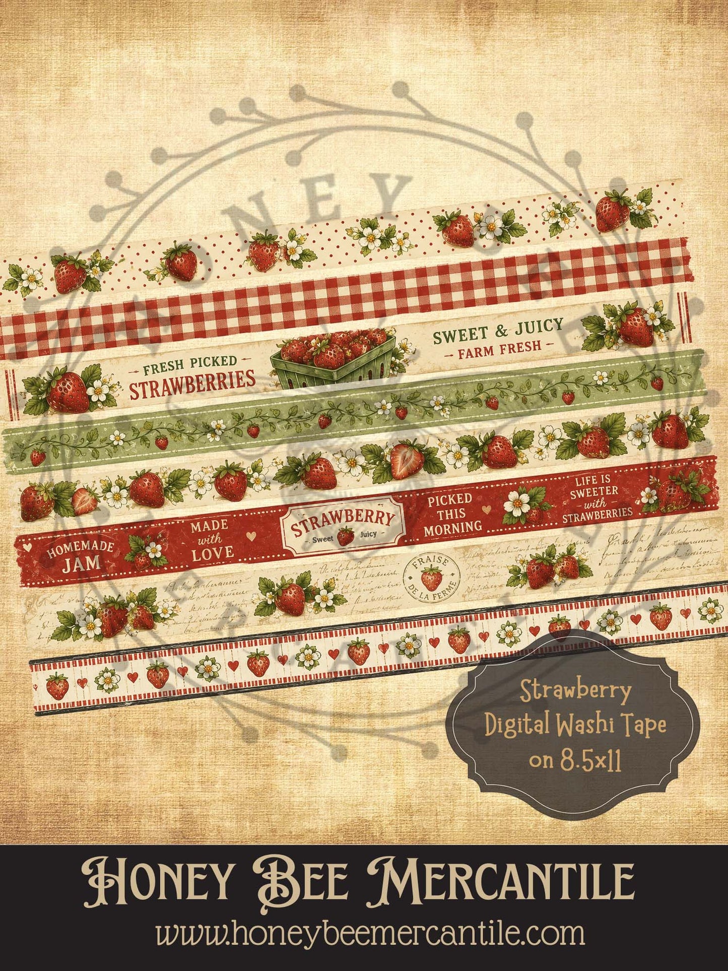 Strawberry Washi Tape, Vintage Primitive Farmhouse Digital Download Pr ...