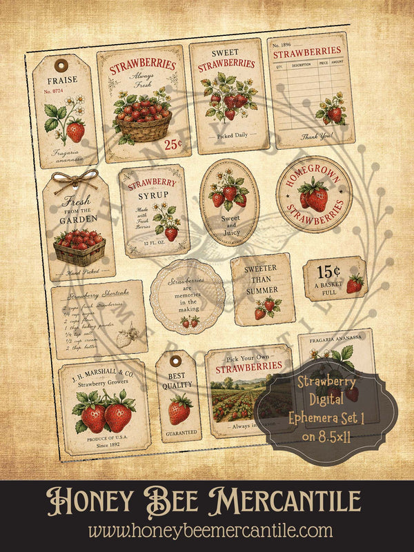 Strawberry Ephemera Set 1, Vintage Primitive Farmhouse Digital Downloa ...