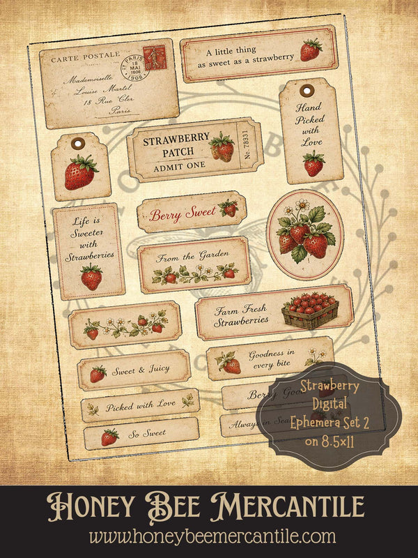 Strawberry Ephemera Set 2, Vintage Primitive Farmhouse, Digital Downlo ...