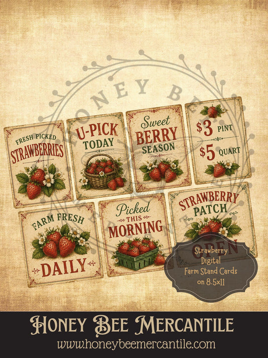 Strawberry Farm Stand Cards, Set of 7, Vintage Primitive Farmhouse, Digital Download Printable Sublimation Decoupage