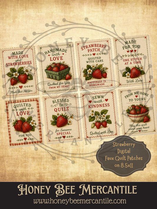 Strawberry Faux Quilt Patches, Vintage Primitive Farmhouse, Digital Download Printable Sublimation Decoupage
