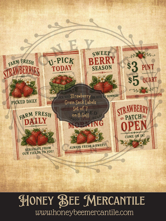 Strawberry Grain Sack Labels, Set of 7, Vintage Primitive Farmhouse, Digital Download Printable Sublimation Decoupage