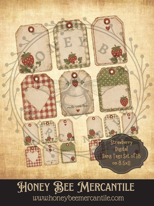 Strawberry Hang Tags, Set of 18, Vintage Primitive Farmhouse, Digital Download Printable Sublimation Decoupage