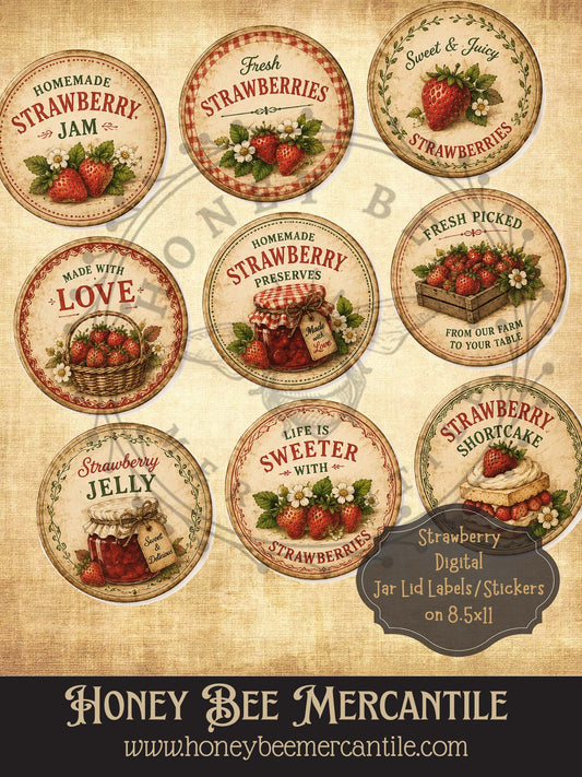 Strawberry Jar Lid Labels, Vintage Primitive Farmhouse, Digital Download Printable Sublimation Decoupage