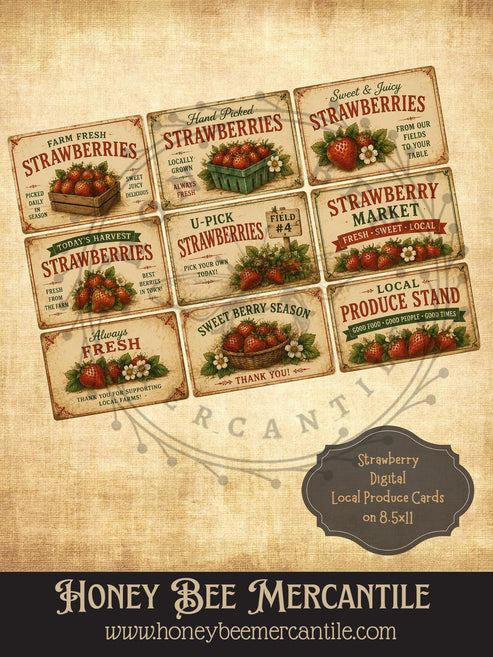 Strawberry Local Produce Cards, Vintage Primitive Farmhouse, Digital D ...