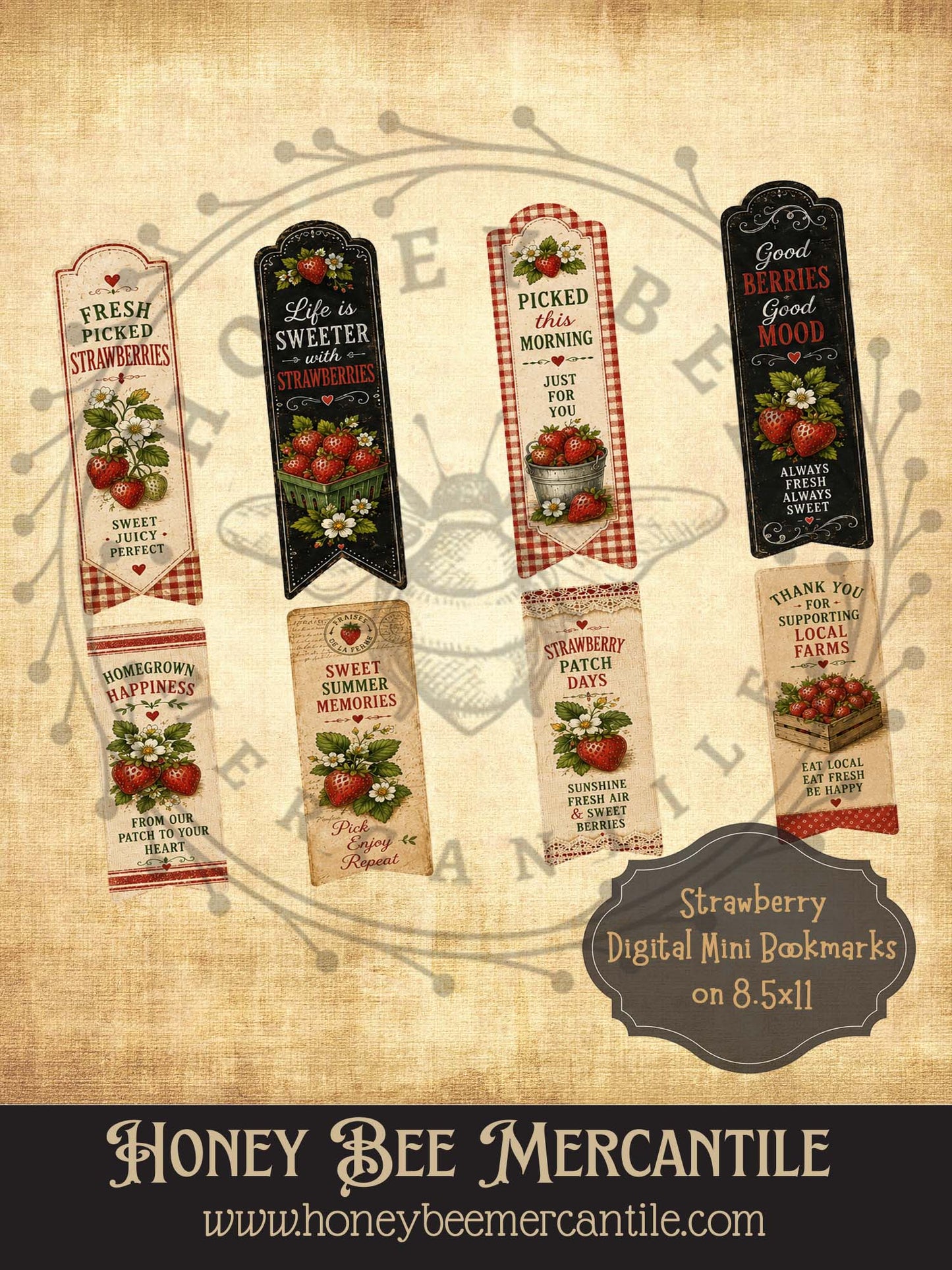 Strawberry Mini Bookmarks, Vintage Primitive Farmhouse,  Digital Download Printable Sublimation Decoupage
