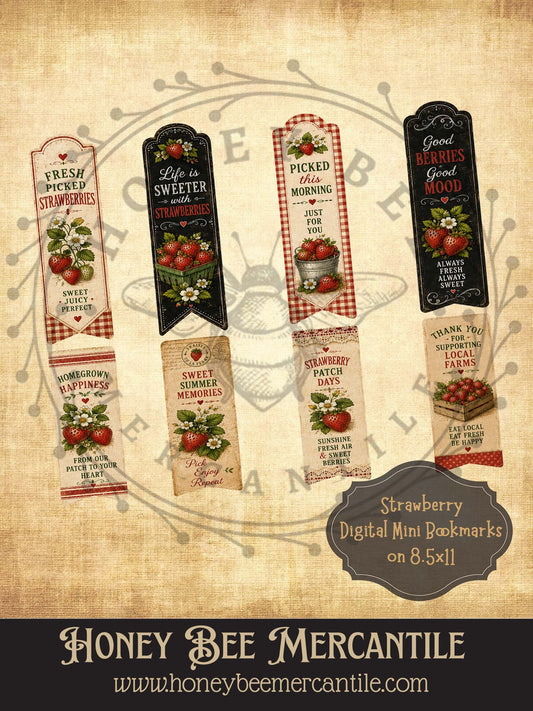 Strawberry Mini Bookmarks, Vintage Primitive Farmhouse,  Digital Download Printable Sublimation Decoupage