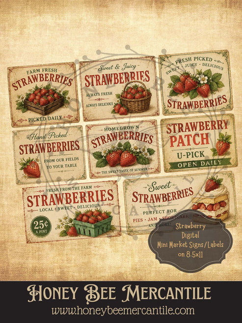 Strawberry Mini Market Signs or Labels, Vintage Primitive Farmhouse, D ...